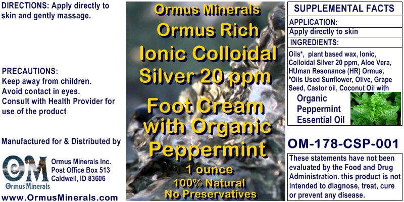 Ormus Minerals Ormus Rich Ionic Colloidal Silver Foot Cream with Organic Peppermint